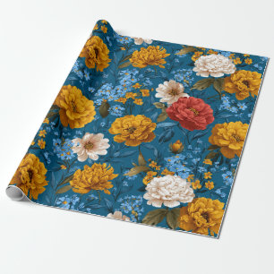 Papier Cadeau Rustique Vintage coloré motif floral en bleu