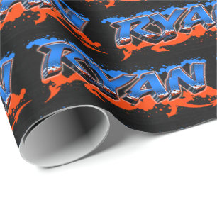 Papier Cadeau Ryan prénom Graffiti blue orange