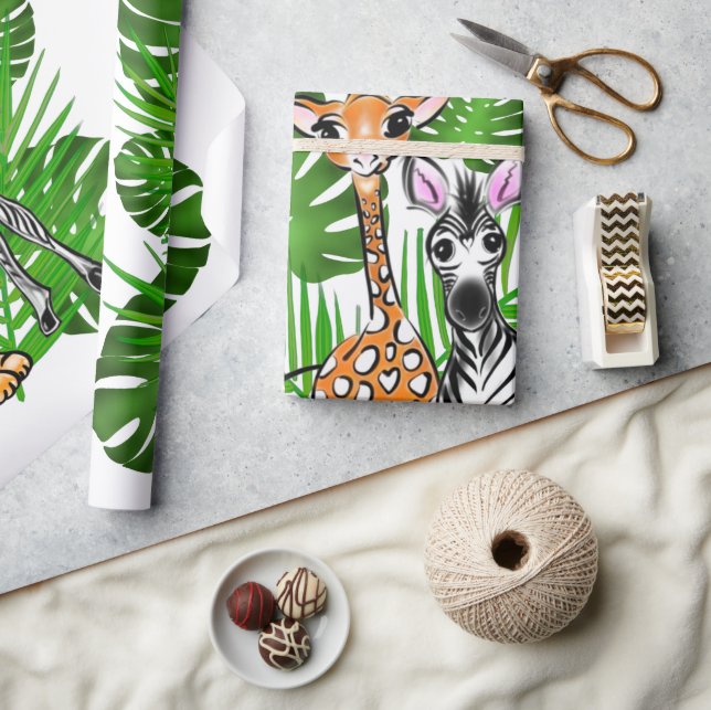 Papier Cadeau Safari amis, girafe, zèbre, tigre, palme feuilles (Artisanat)