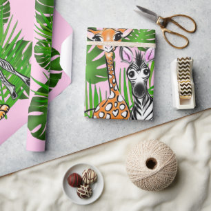Papier Cadeau Safari amis, girafe, zèbre, tigre, palme feuilles