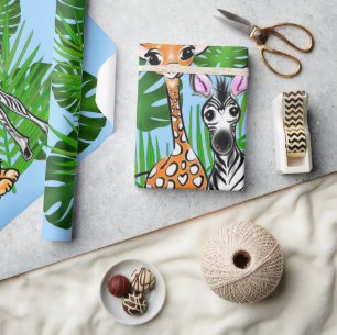 Papier Cadeau Safari amis, girafe, zèbre, tigre, palme feuilles