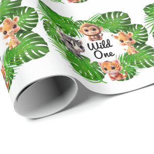 Papier Cadeau Safari amis tigre girafe zèbre singe éléphant