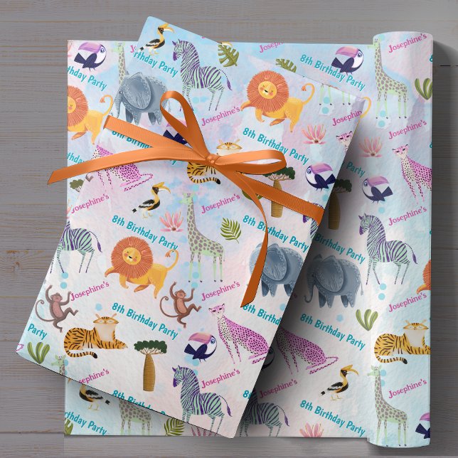 Papier Cadeau Safari animals birthday watercolor girl custom  (Créateur téléchargé)