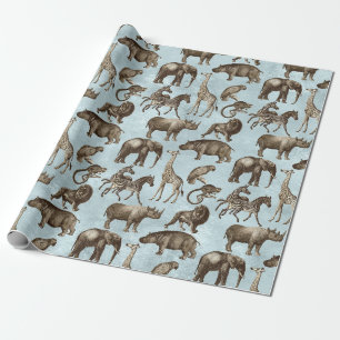 Papier Cadeau Safari Animaux en bleu clair