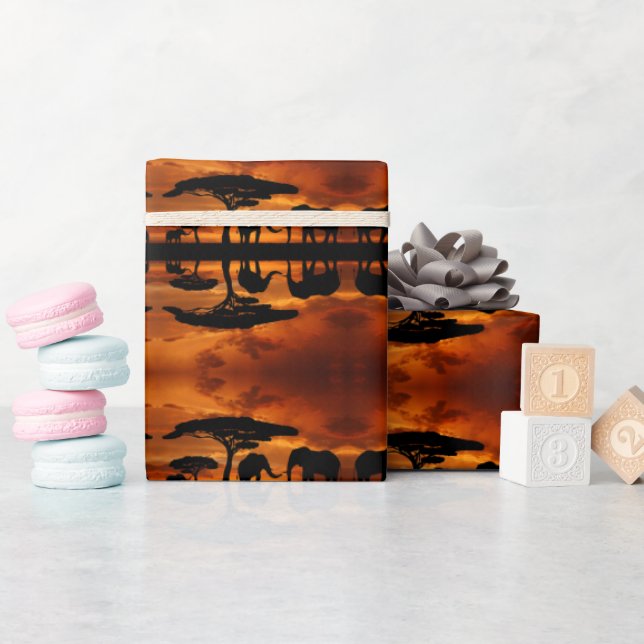 Papier Cadeau Safari Baobab africain silhouette d'éléphant (Baby Shower)