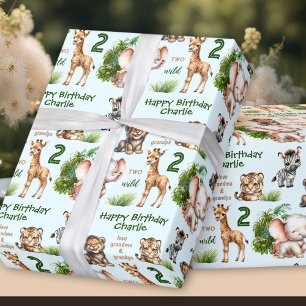 Papier Cadeau Safari Jungle Animaux Blue Green 2e Anniversaire N