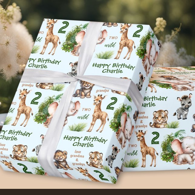 Papier Cadeau Safari Jungle Animaux Blue Green 2e Anniversaire N (Safari Jungle Animals Blue Green 2nd Birthday Name Wrapping Paper)