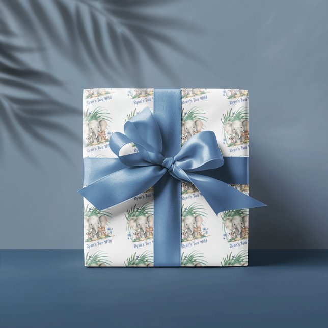 Papier Cadeau Safari Jungle Fête Animaux Deux Anniversaires Sauv (Safari Jungle Watercolor Party Animals Tropical Greenery Birthday Wrapping Paper)