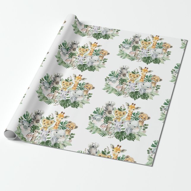Papier Cadeau Safari Jungle mignonne Animaux sauvages Végétation (Déroulé)