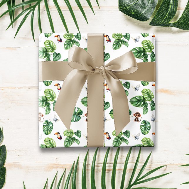 Papier Cadeau Safari Jungle Singe papillon Toucan verdure (Safari Animal Zoo Animal Tropical Leaves Pattern Monkey Toucan Butterfly Birthday Wrapping Paper)