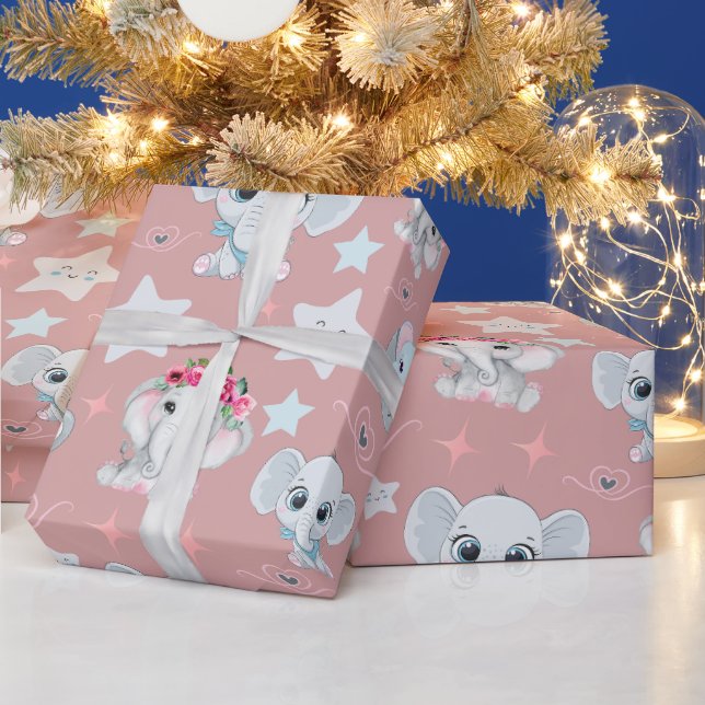 Papier Cadeau "Safari rose: Éléphants bébé sur fond rose" (Vacances)