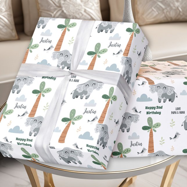 Papier Cadeau Safari ZOO Animaux mignons Elephant Garçon Anniver (Safari ZOO Animals Cute Elephant Boy Birthday Name Wrapping Paper)