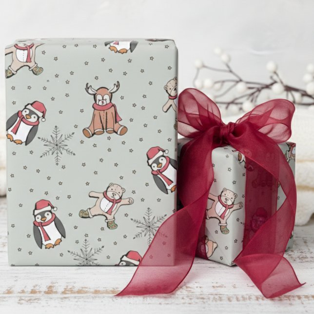 Papier Cadeau Sage Babys First Christmas Animaux d'hiver (Sage Winter Stuffed Animals, Snowflakes, Polka Dots Pattern Gender Neutral Xmas Gift Wrap for Kids)