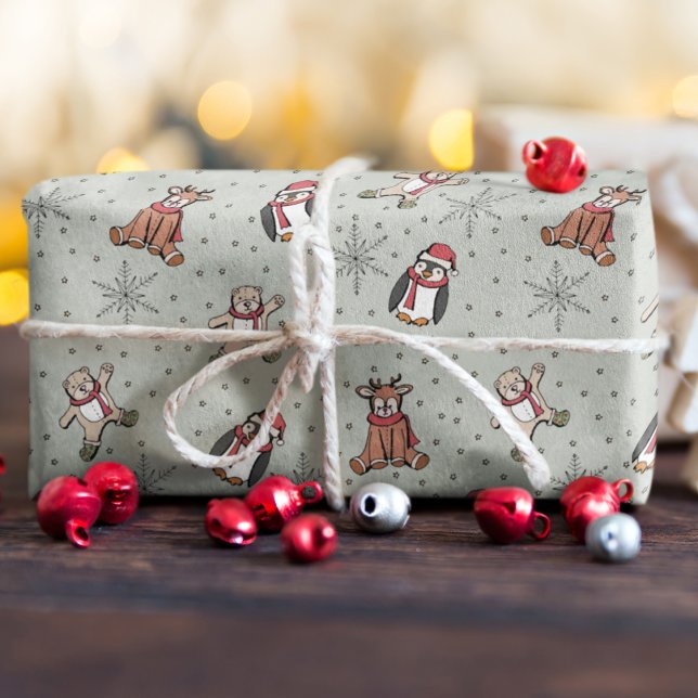Papier Cadeau Sage Babys First Christmas Animaux d'hiver (Baby's First Christmas Winter Animal Sage Wrapping Paper. Hand-Drawn Penguin, Reindeer, Teddy Bear)