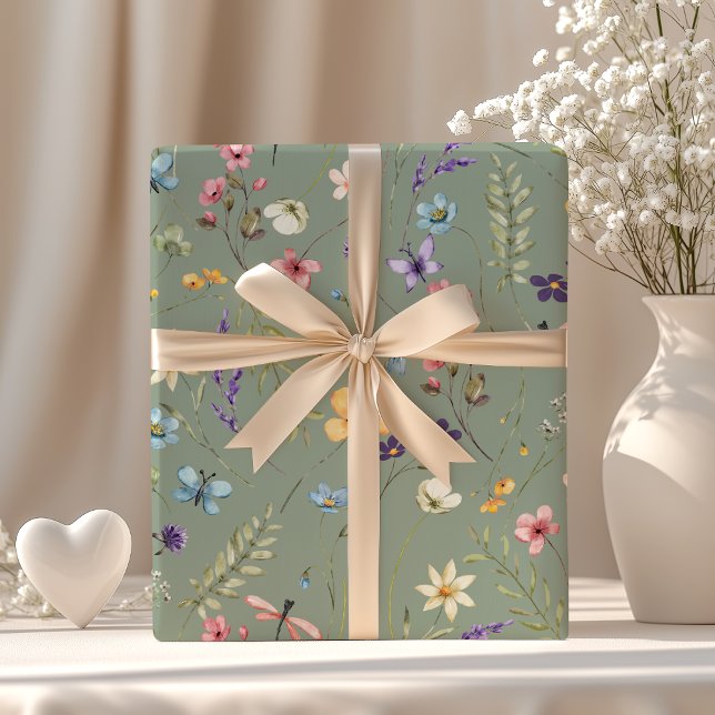 Papier Cadeau Sage Green Fleur sauvage & Butterfly Boho été (Créateur téléchargé)