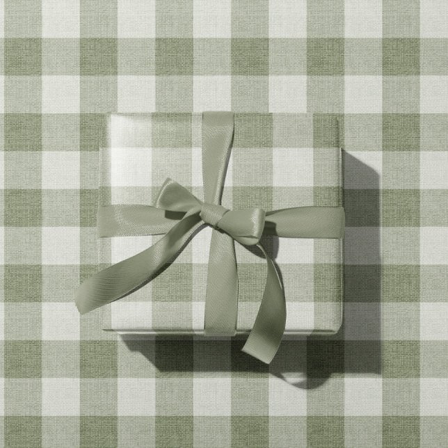 Papier Cadeau Sage Green Gingham Buffalo Check Linen Texture (Créateur téléchargé)