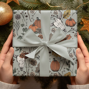 Papier Cadeau Sage Green Harvest et Crânes de vache Halloween