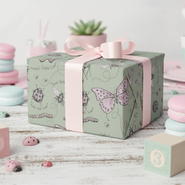 Papier Cadeau Sage Sweet Petit Critère Feminine Blush Rose (Cute Pink & Sage Girly Insect Wrapping Paper for Baby Shower, Bug Birthday Party & 1st Bday for Kids)