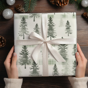 Papier Cadeau Sage Vert Aquarelle Pins Arbres et Plaid Noël