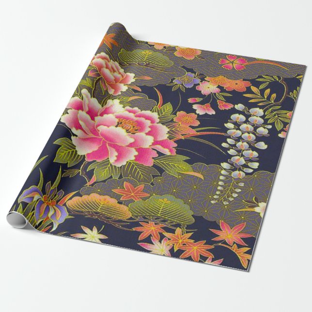 Papier Cadeau Sage Vert rose Japonais Kimono Floral Découpage (Déroulé)