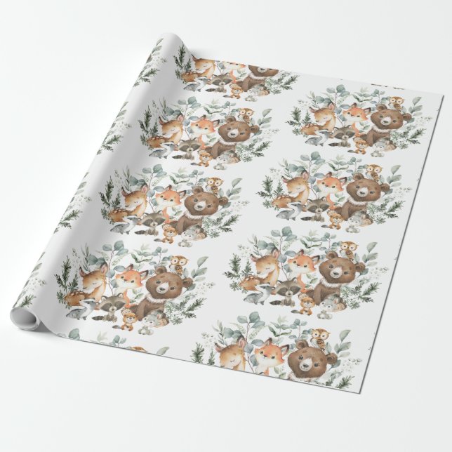 Papier Cadeau Sage Whimsical Green Forêt Animaux (Déroulé)