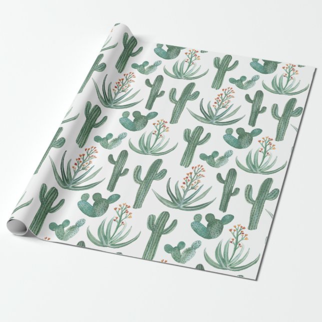 Papier Cadeau Saguaro Cactus et Plantes d'aloès du désert sur bl (Déroulé)