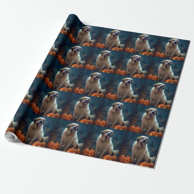 Papier Cadeau Saint-Bernard d'Halloween avec citrouilles effraya (Déroulé)