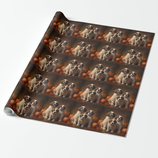 Papier Cadeau Saint Bernard Puppy Automne Citrouille (Déroulé)
