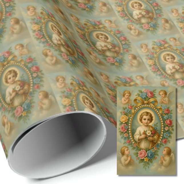 Papier Cadeau Saint Enfant Jésus avec les anges Vintage catholiq (Créateur téléchargé)