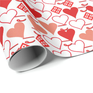 Papier Cadeau Saint Valentin Amour rose, rouge et Motif blanc