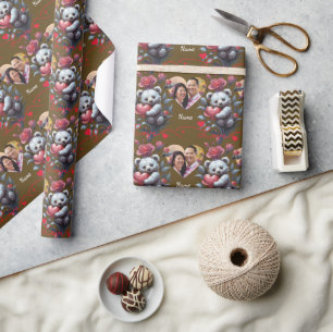 Papier Cadeau Saint-Valentin avec ours en peluche riche