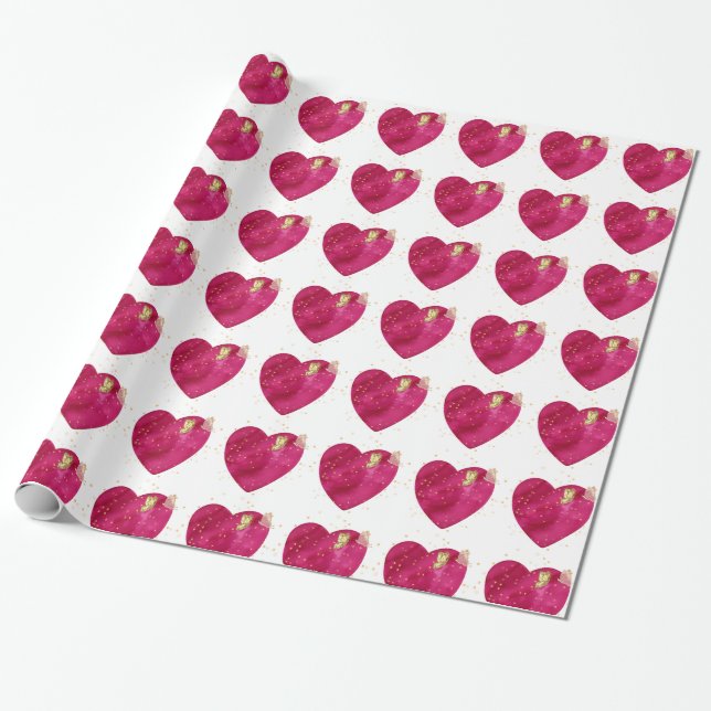 Papier cadeau Saint-Valentin Cœur Aquarelle Rose & (Déroulé)