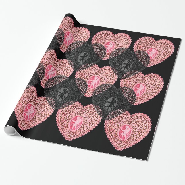 PAPIER CADEAU SAINT VALENTIN CŒUR DE LACE ROSE CUPIDON (Déroulé)