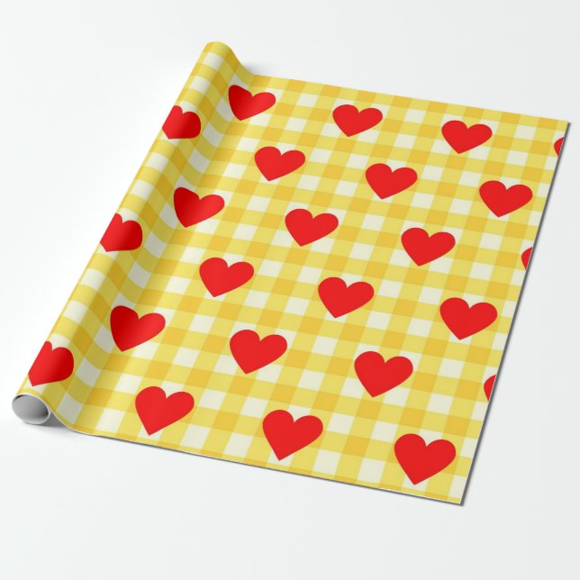 Papier Cadeau Saint Valentin Coeur rouge Jaune En vichy Motif (Déroulé)