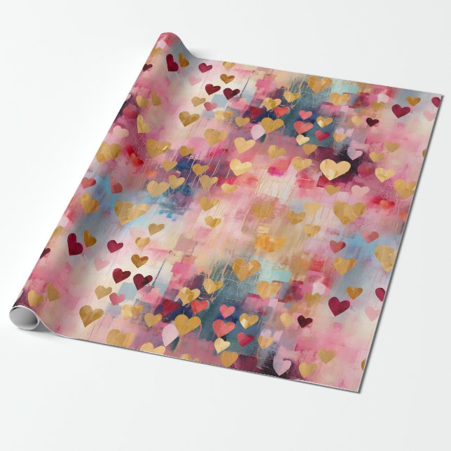 Papier Cadeau Saint Valentin Coeurs Abstraits de couleur or (Déroulé)