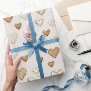 Papier Cadeau Saint-Valentin cœurs crème et marron