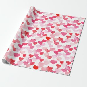 Papier Cadeau Saint Valentin Coeurs d'aquarelle rouge et rose