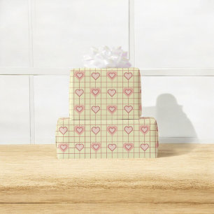 Papier Cadeau Saint Valentin Crème de Coeur Rose À damiers Motif