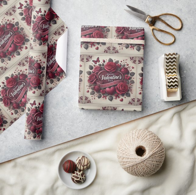 Papier Cadeau Saint Valentin Design avec Roses et coeur (Artisanat)