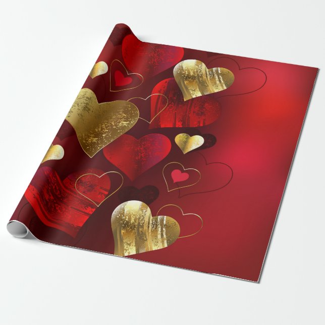 Papier Cadeau Saint-Valentin dorés et rouges (Déroulé)