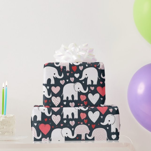 Papier Cadeau Saint Valentin éléphants & coeurs envelopper papie (Cadeaux de fête)
