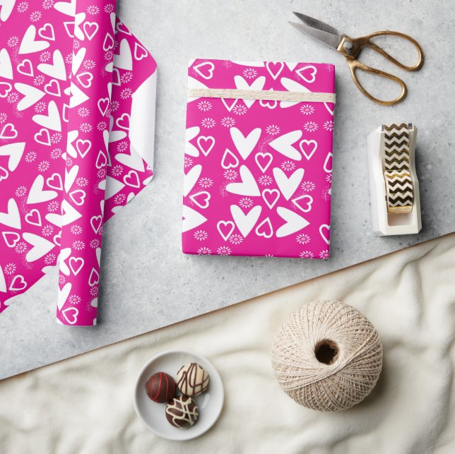 Papier cadeau Saint-Valentin Floral Cœurs Blancs (Artisanat)