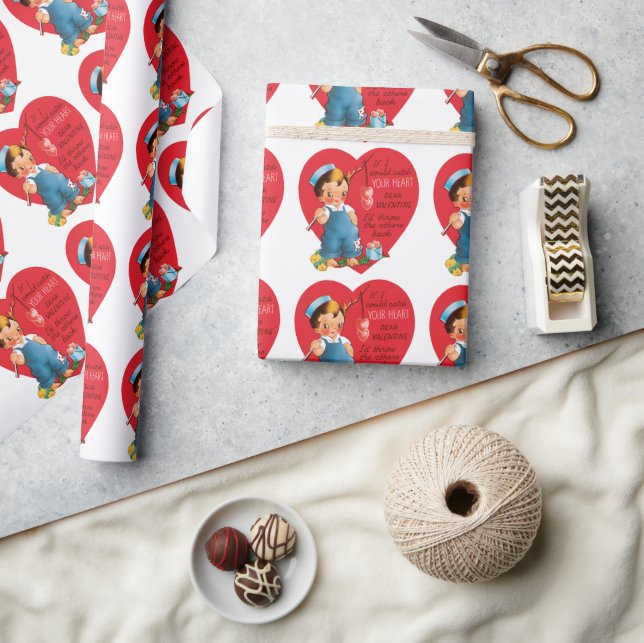 Papier Cadeau Saint-Valentin rétro, garçon pêcheur de cœurs vint (Artisanat)