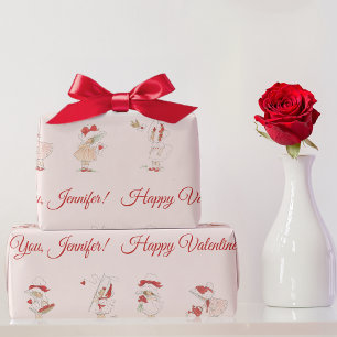Papier Cadeau Saint-Valentin Rose Vintage Cœurs Rouges Petites F