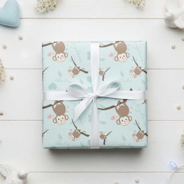 Papier Cadeau Saint-Valentin Singe Bleu Pastel  (Soft pastel blue cute monkeys for valentine, birthday or any gift.)