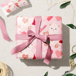 Papier Cadeau Saint Valentin Teddy Bear XOXO Motif de coeur