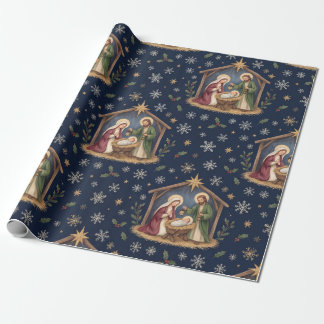 Papier Cadeau Sainte Nativité Bleu Nuit Étoile de Bethléem