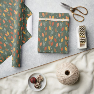 Papier Cadeau Saison Automne Folk Art Green Feuilles
