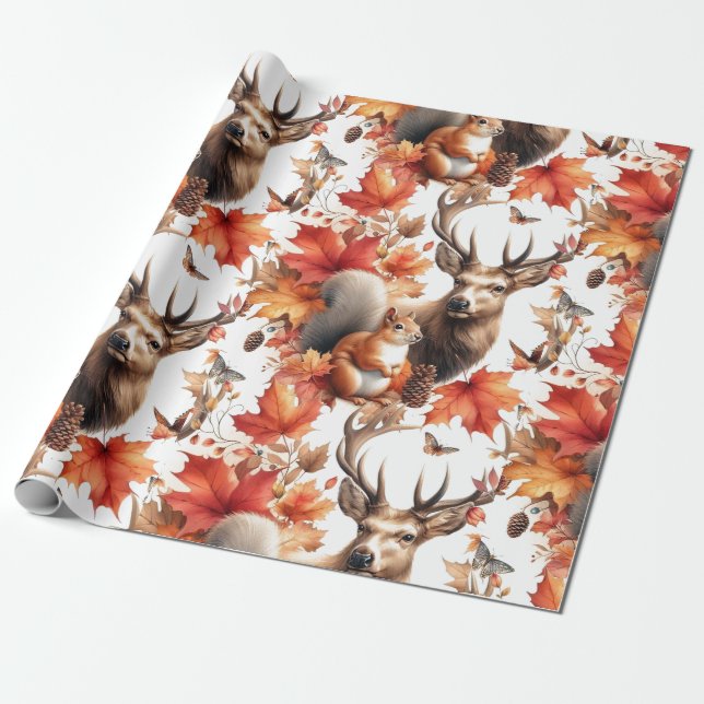 Papier Cadeau Saison d'automne Feuilles et cerfs orange  (Déroulé)