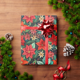 Papier Cadeau Saison Noël Boho Poinsettia Design